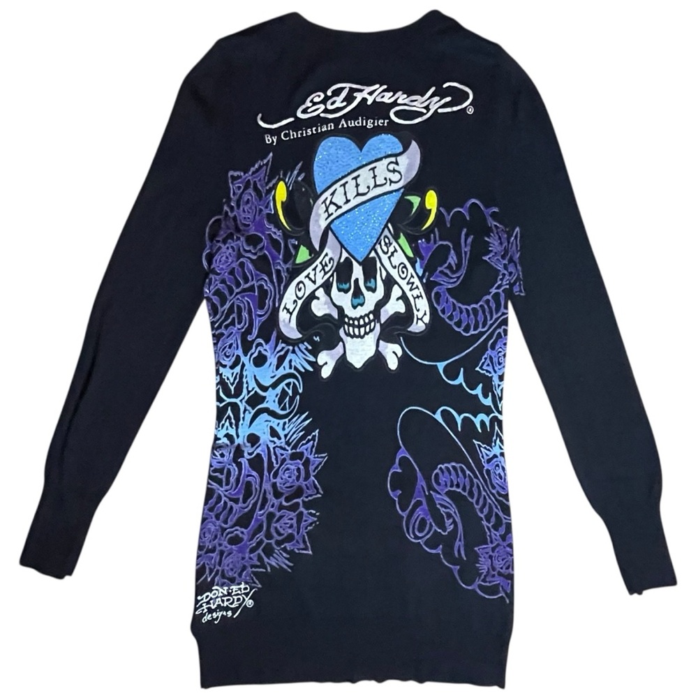 Ed Hardy Long Cardigan Cover Up Love Kills Slowly Medium Vintage Y2K Streetwear - Picture 10 of 16